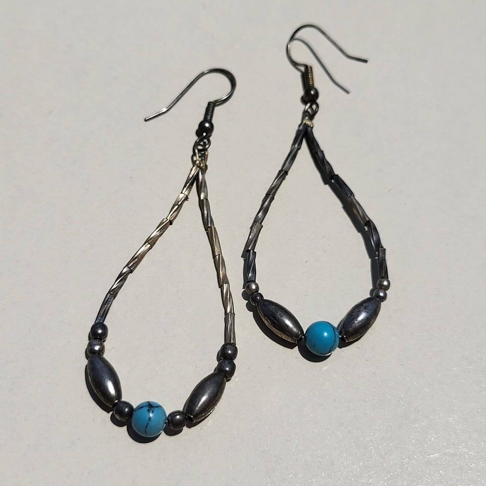 Vintage Sterling Silver Liquid Earrings Blue Turquoise Teardrop Dangle